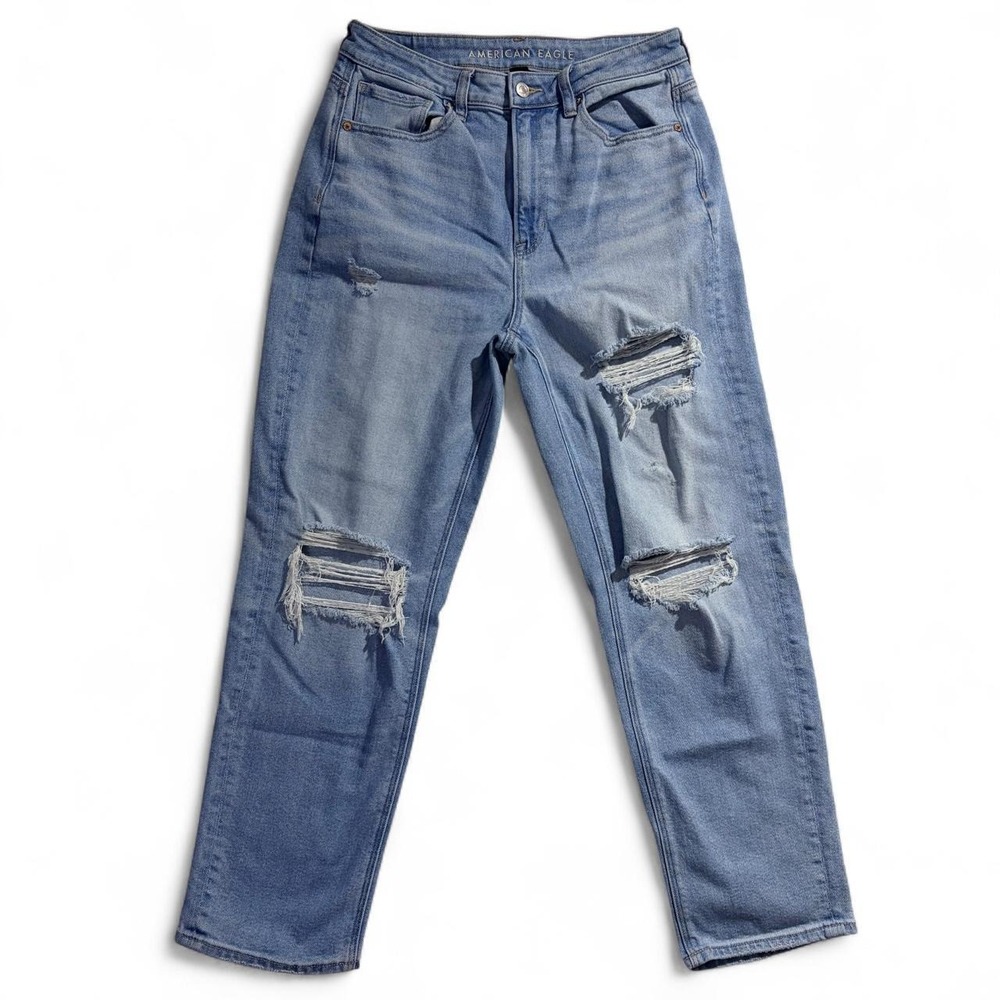 American Eagle Mom Straight Jeans Womens 8 Blue Distressed High Rise Denim
